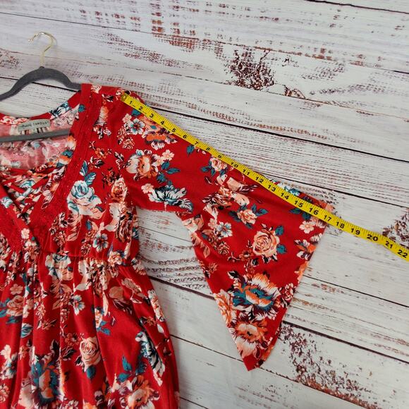 Red Floral Y2K Babydoll Ruffle Tunic Top M Flare Sleeves Boho Hippie Asymmetric - Picture 12 of 12